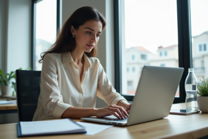 Femme concentrée travaillant sur son ordinateur dans un bureau lumineux