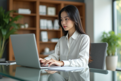 Jeune femme professionnelle travaillant sur son ordinateur dans un bureau moderne