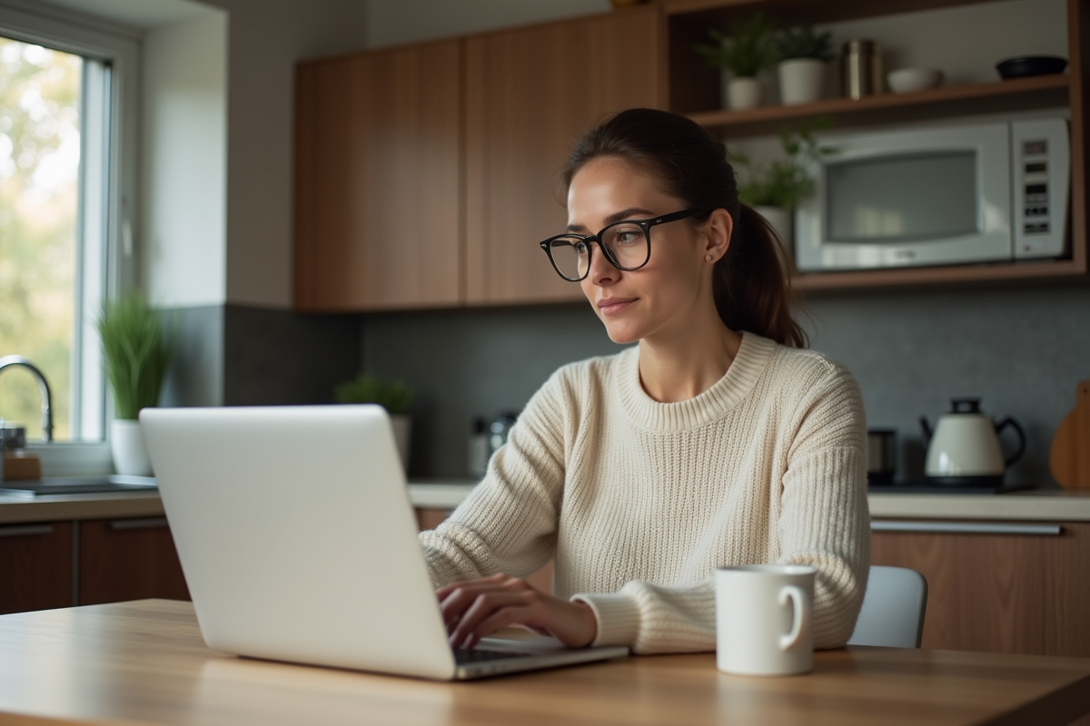 Femme travaillant à domicile sur son ordinateur dans une cuisine moderne