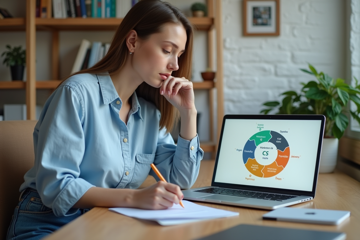 Jeune femme écrivant dans un carnet dans un bureau cosy