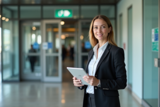 Gestionnaire de bâtiment moderne avec tablette dans le lobby