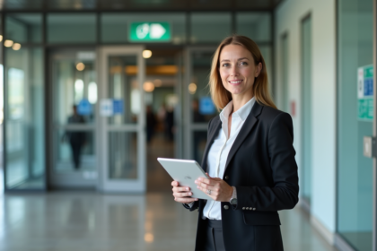 Gestionnaire de bâtiment moderne avec tablette dans le lobby