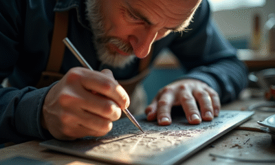 Artisan graveur en atelier lumineux travaillant le métal