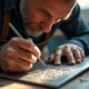 Artisan graveur en atelier lumineux travaillant le métal