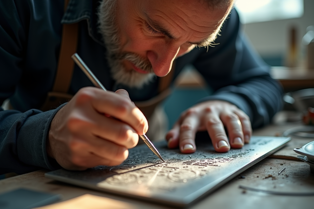 Artisan graveur en atelier lumineux travaillant le métal
