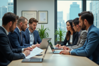 Groupe de professionnels en réunion dans un bureau moderne