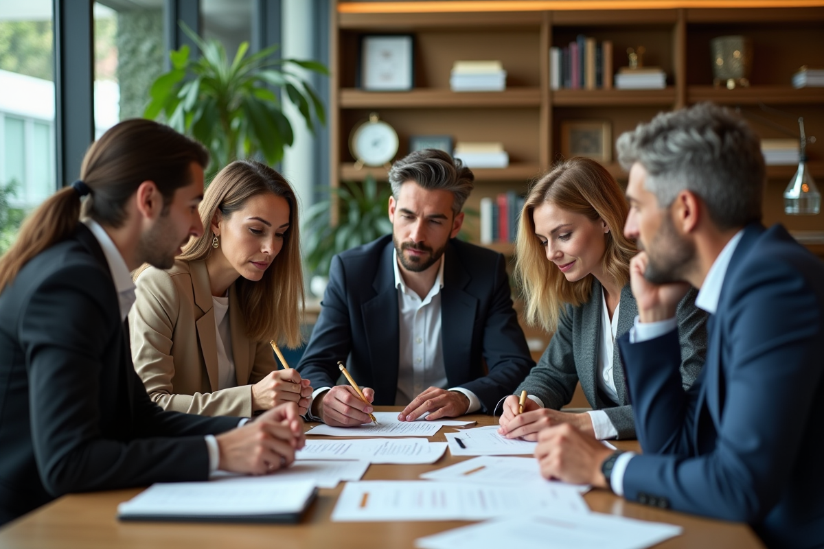 Groupe de cadres examinant des documents dans un bureau lumineux