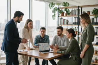 Groupe de jeunes entrepreneurs en réunion dans un bureau moderne