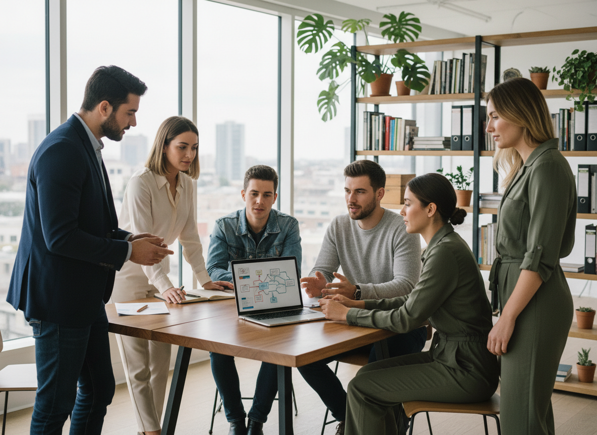 Groupe de jeunes entrepreneurs en réunion dans un bureau moderne