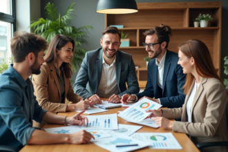 Groupe de professionnels discutant de rapports écologiques