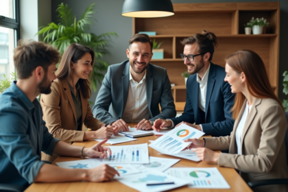 Groupe de professionnels discutant de rapports écologiques