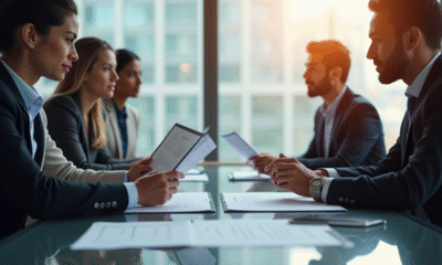 Groupe de professionnels en réunion dans un bureau lumineux