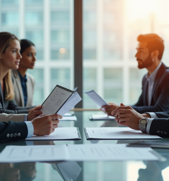 Groupe de professionnels en réunion dans un bureau lumineux