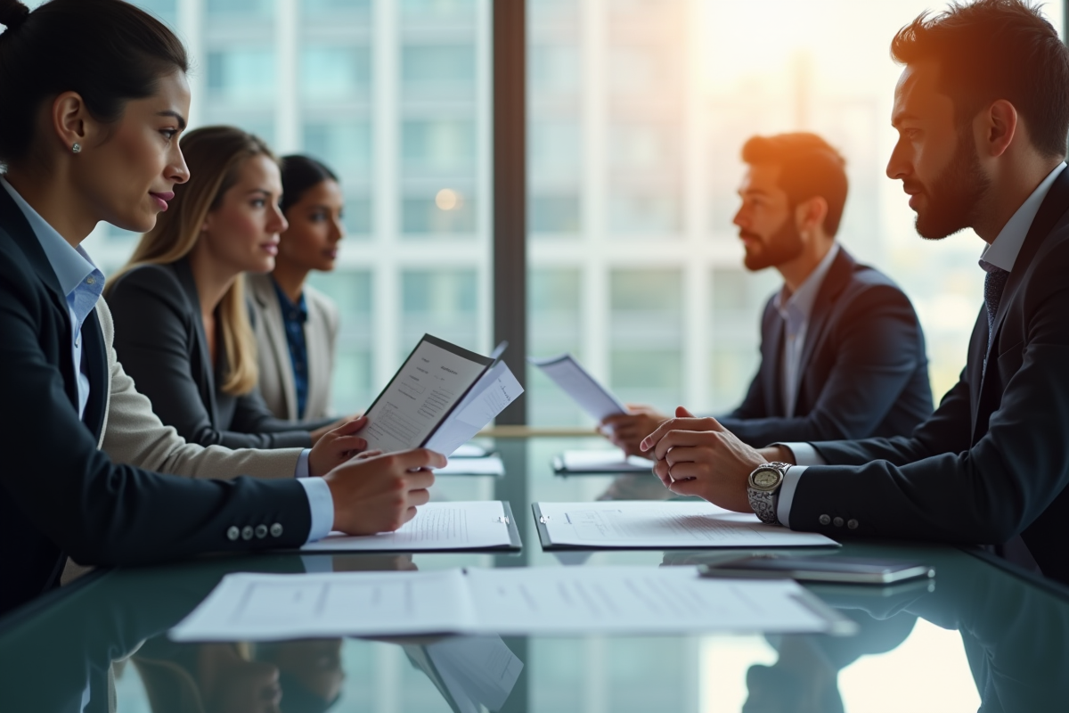 Groupe de professionnels en réunion dans un bureau lumineux