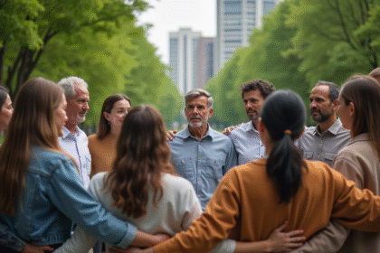 Groupe divers d'adultes et adolescents en cercle dans un parc urbain