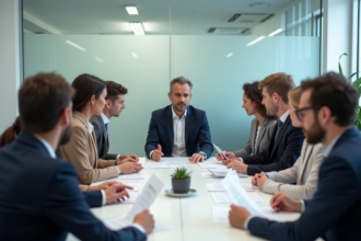 Groupe de collègues en réunion dans un bureau moderne