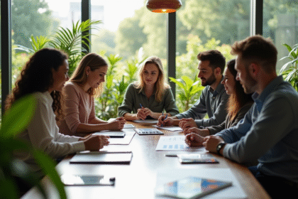 Groupe diversifié collaborant dans un bureau lumineux