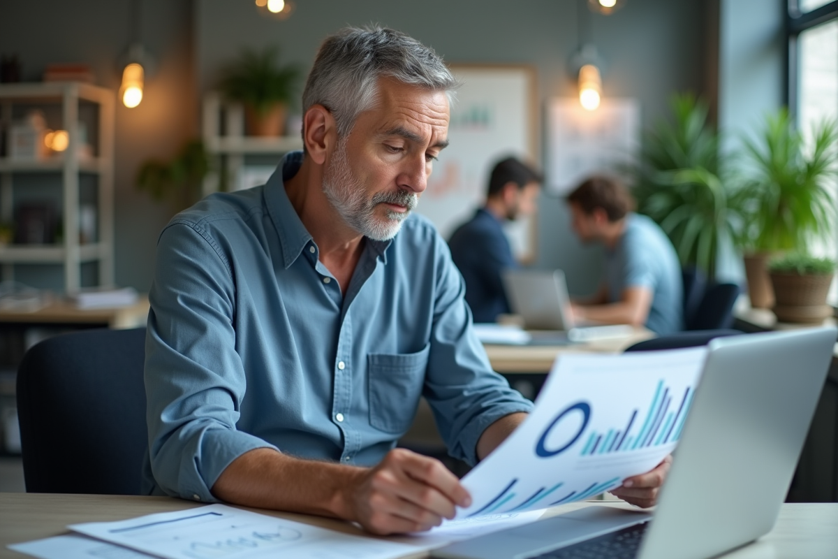 Homme réfléchissant examinant un graphique avec une application dans un bureau