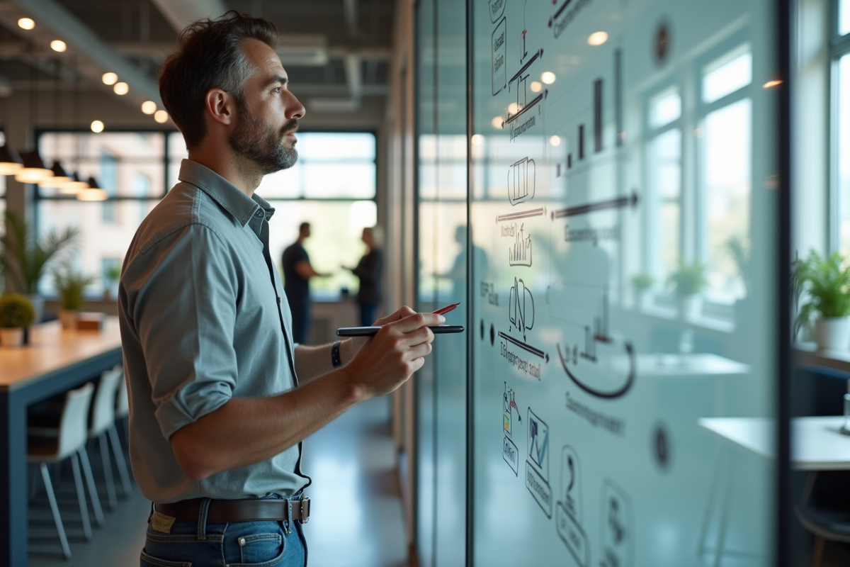 Homme créatif écrivant sur un tableau avec diagrammes ROI