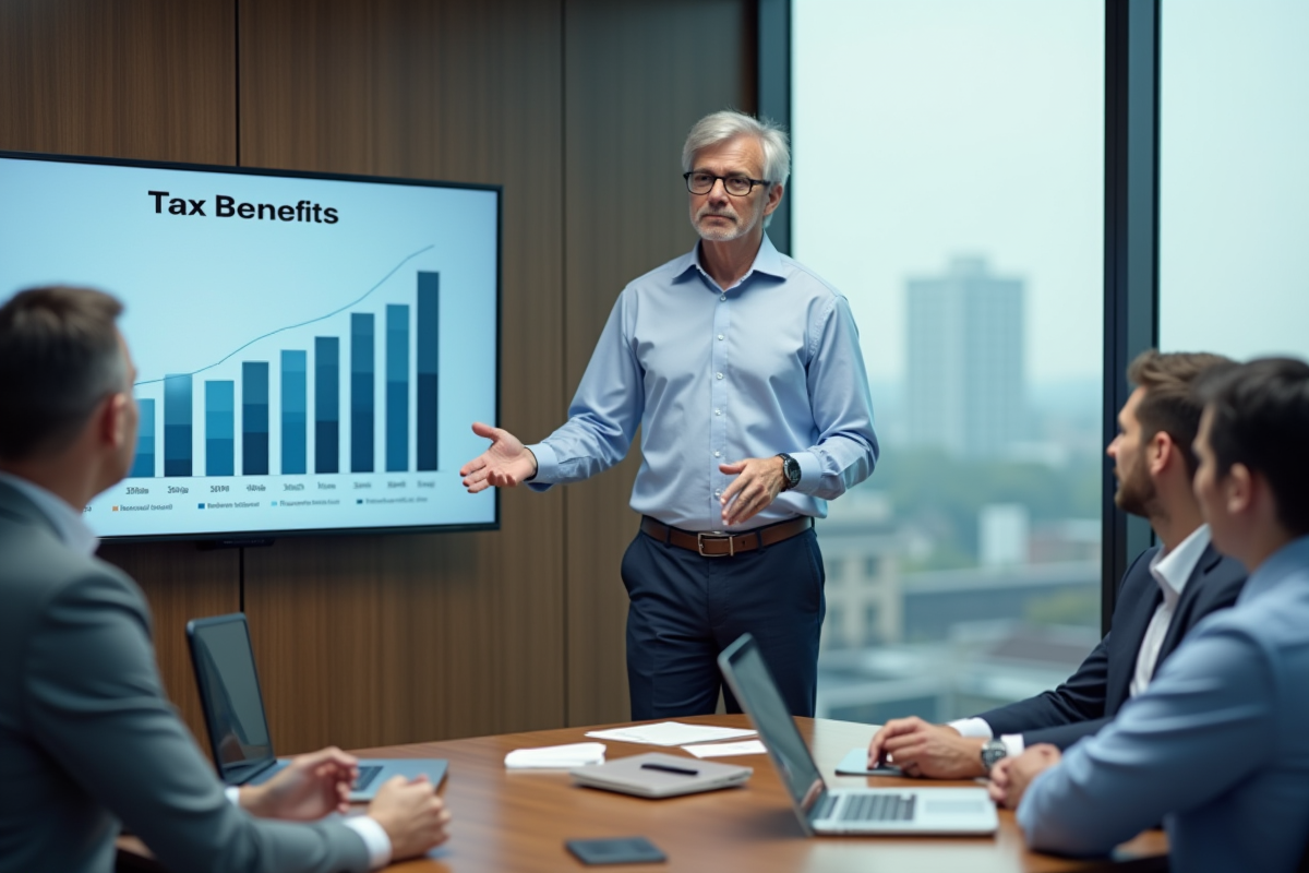 Homme d affaires présentant un graphique fiscal en réunion