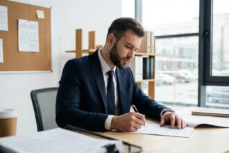 Homme en costume signant un document dans un bureau moderne