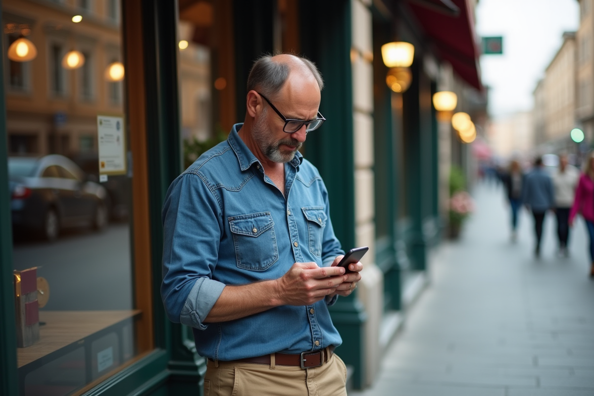 Homme urbain vérifiant ses notifications sur smartphone