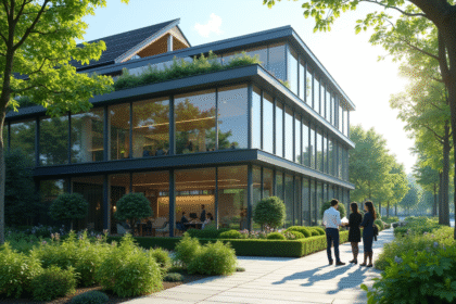 Bureau moderne avec panneaux solaires et plantes vertes