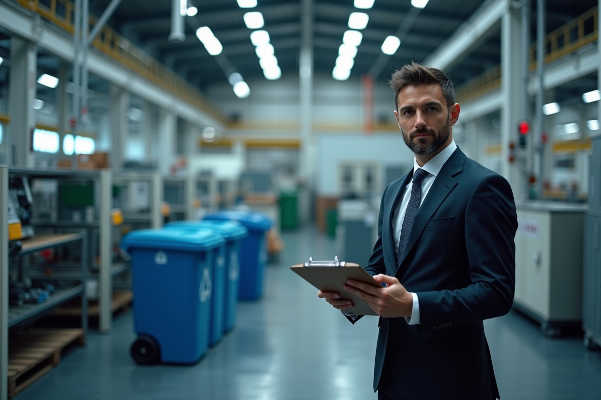 Cadre en costume inspectant une usine écologique