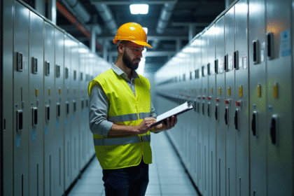 Ingénieur vérifiant un panneau électrique avec documents de conformité