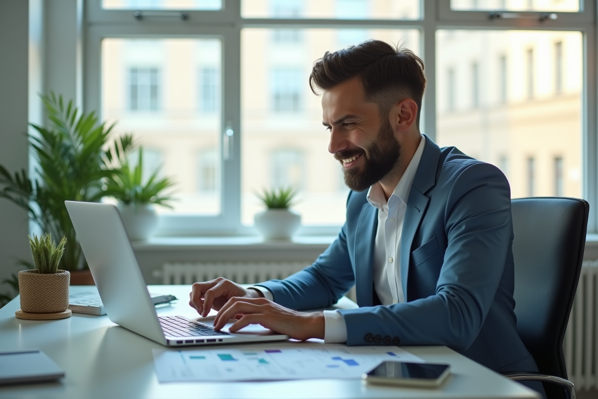 Jeune entrepreneur confiant travaillant sur un laptop dans un bureau lumineux