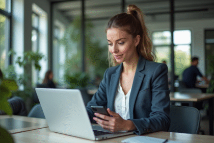 Jeune femme professionnelle au bureau avec laptop et plantes