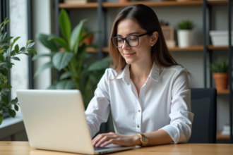 Jeune femme professionnelle travaillant sur son ordinateur dans un bureau lumineux