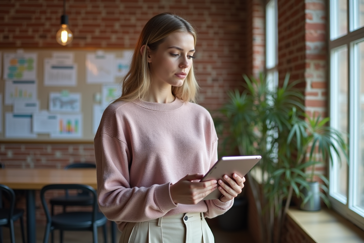 Jeune femme dans un espace coworking lisant une tablette