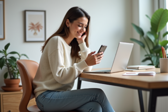Jeune femme souriante dans un bureau cosy avec smartphone
