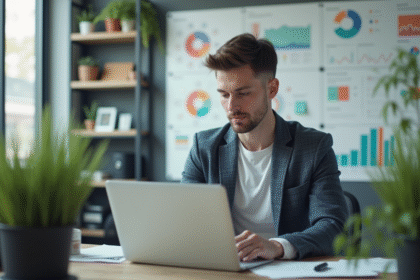 Jeune homme d'affaires devant un laptop dans un bureau startup