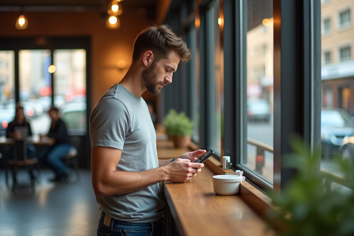 Jeune homme vérifiant son planning sur smartphone au café