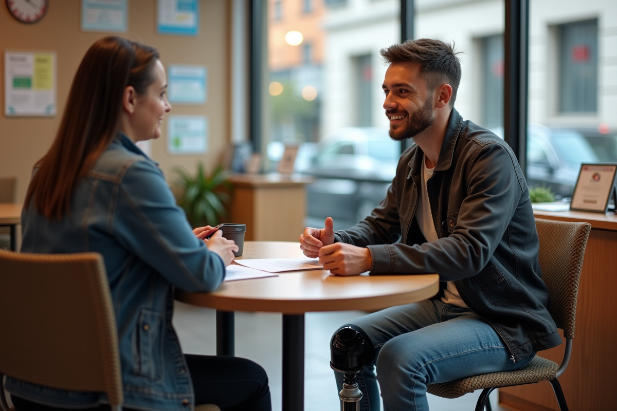 Jeune homme avec prothese discute avec un conseiller