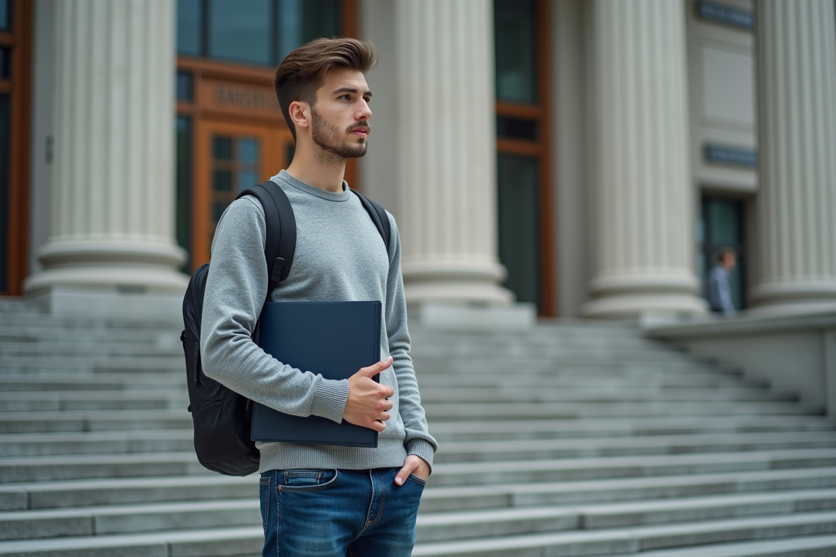 Jeune homme avec dossier devant un bâtiment officiel