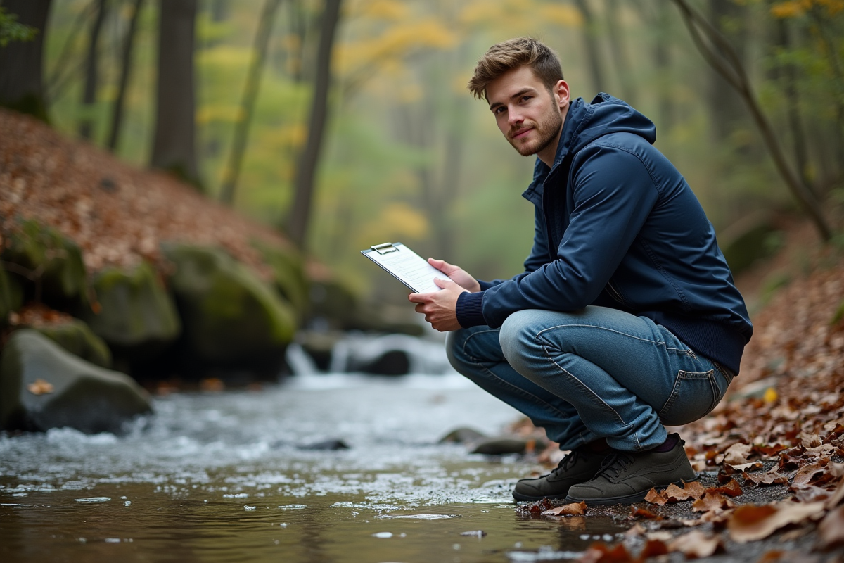 Jeune homme inspectant un ruisseau en forêt