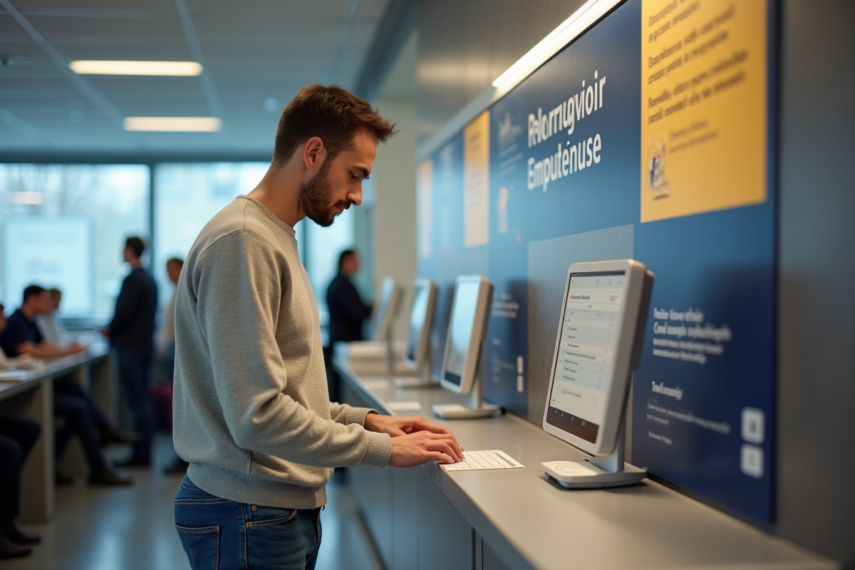 Jeune homme utilise un terminal Pôle Emploi dans une agence