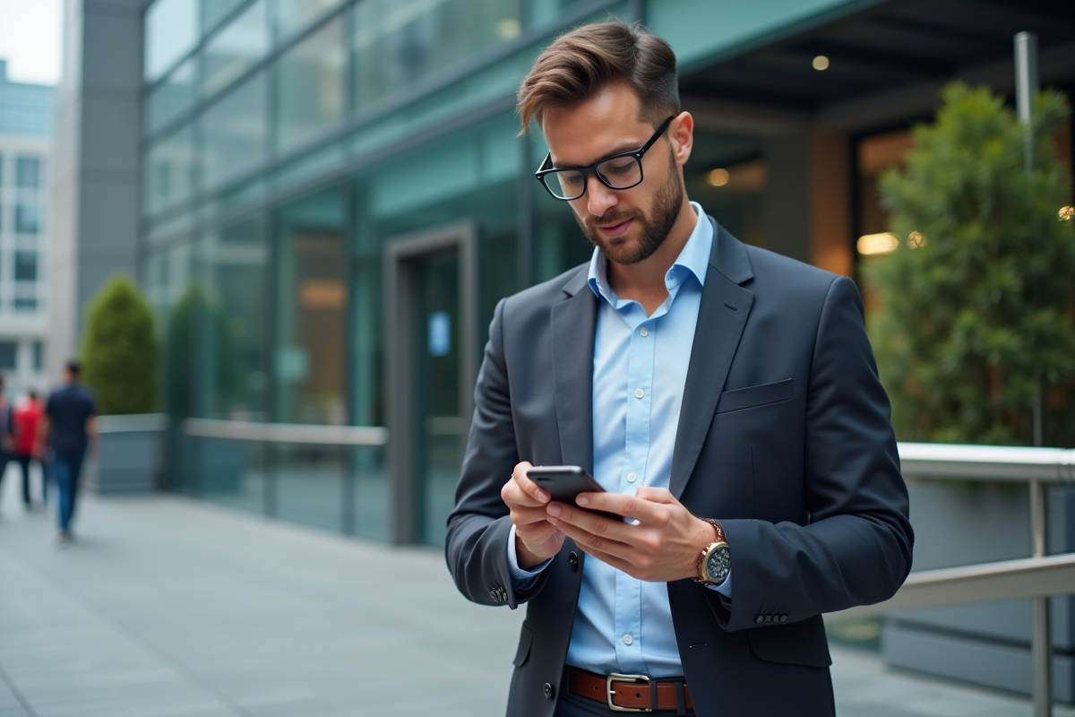 Jeune homme vérifiant ses détails sur smartphone dehors