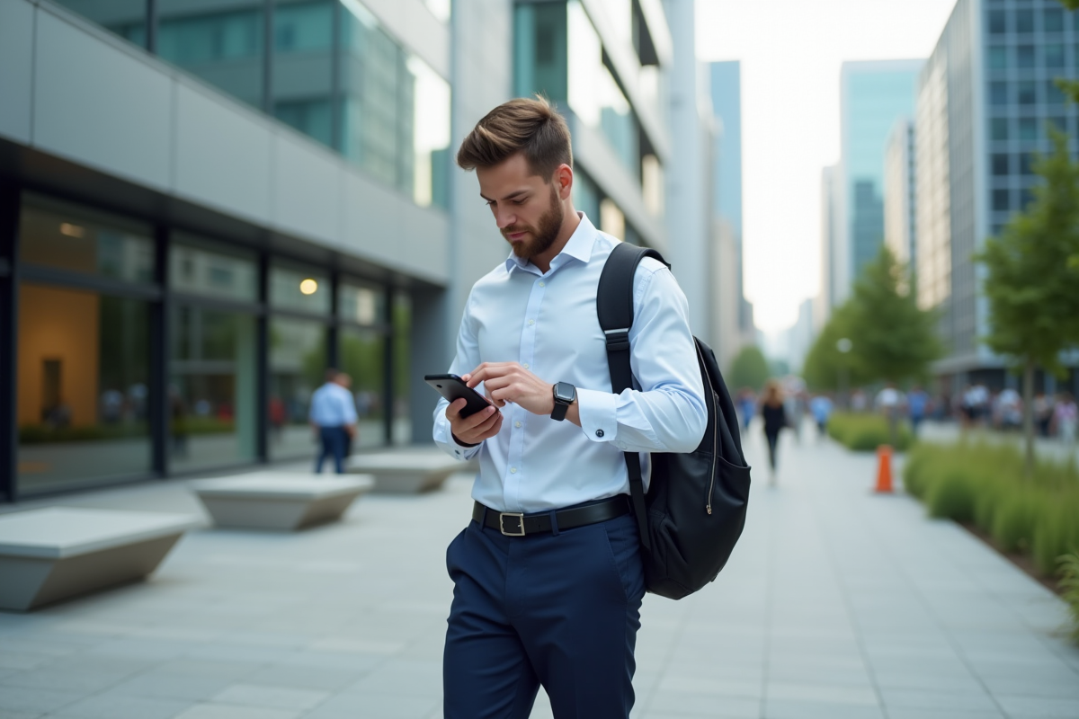 Jeune homme regardant sa montre dans une place urbaine