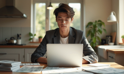 Jeune professionnel avec factures et ordinateur portable