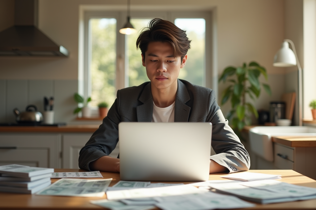 Jeune professionnel avec factures et ordinateur portable