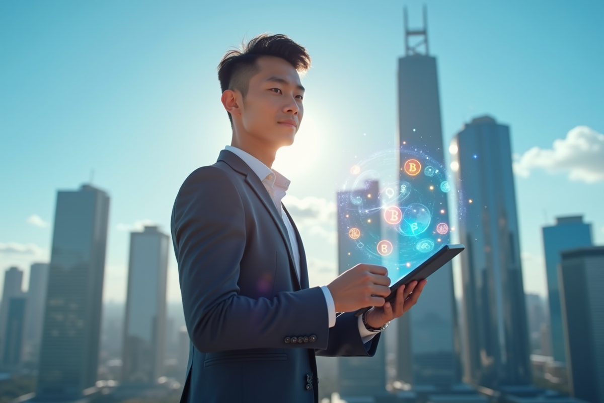 Jeune professionnel tenant une tablette avec icones de cryptomonnaies