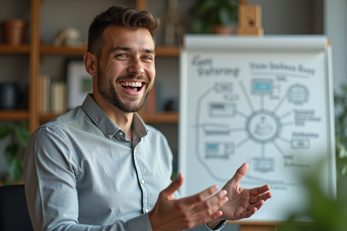 Jeune homme en visioconference avec tableau blanc en arrière