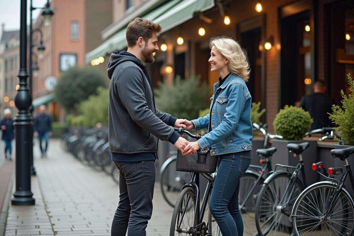 Un homme remet un vélo à une femme devant un café en ville
