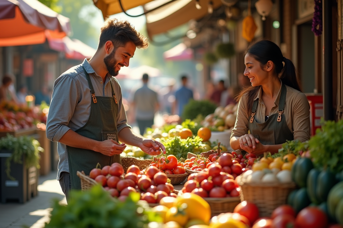 Marché communautaire avec vendeurs et familles heureuses