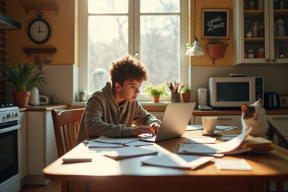 Personne travaillant à la maison sur une table de cuisine avec papiers et café