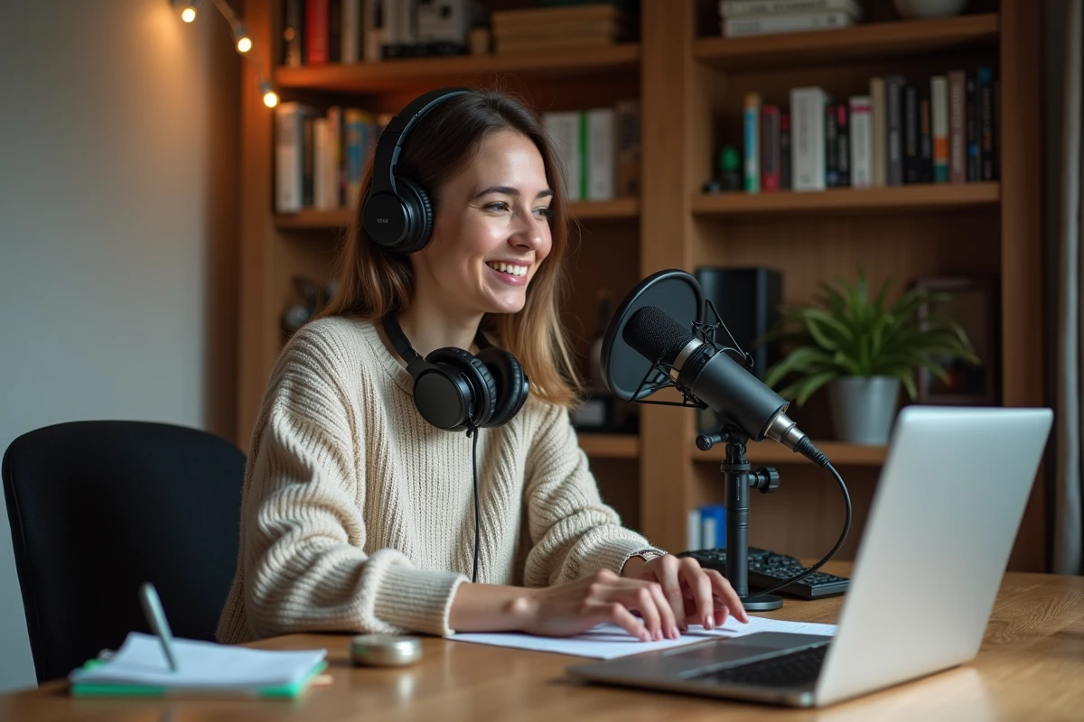 Femme en studio de podcast avec micro et casque